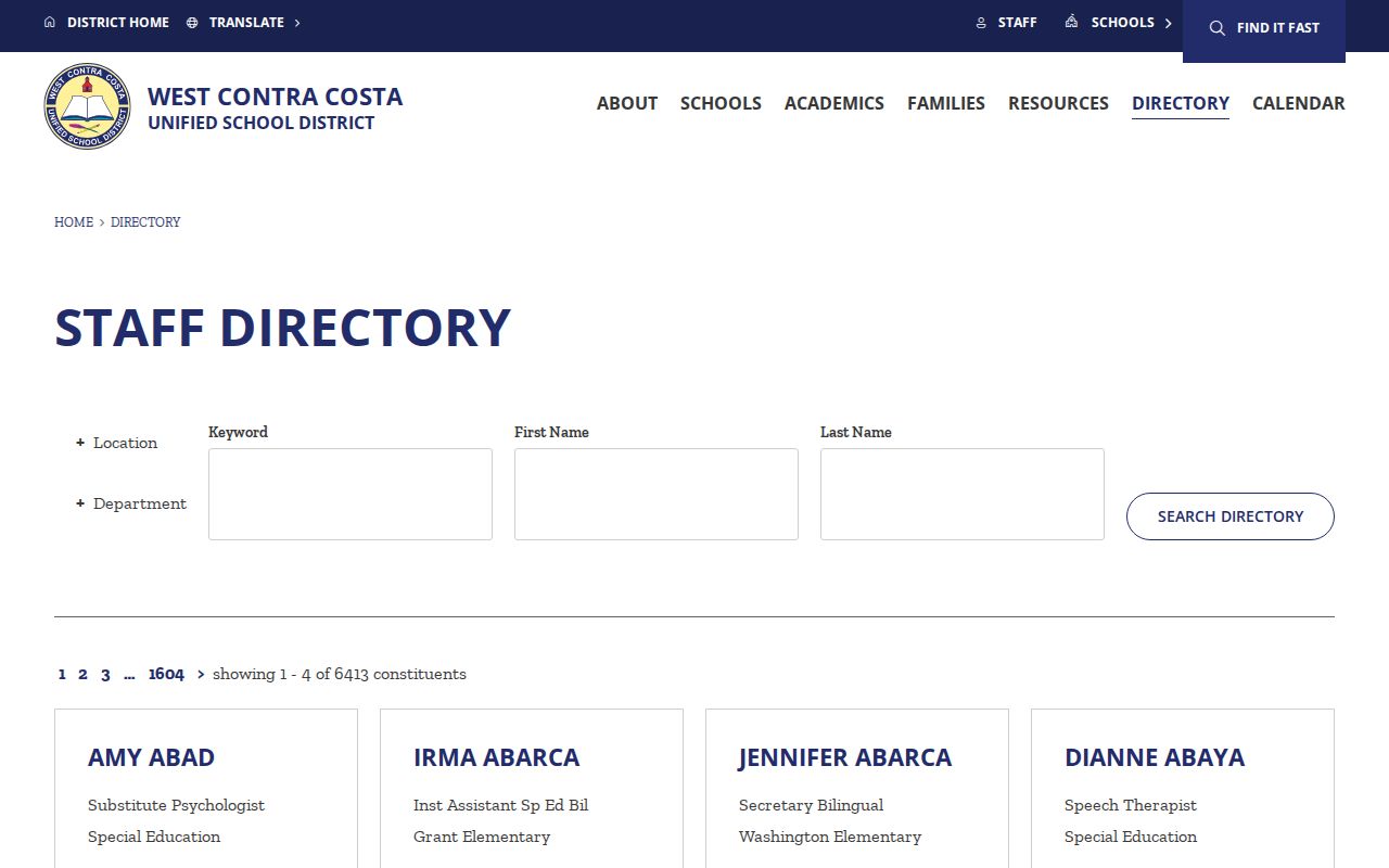 Hercules people-directory search fields in the WCCUSD staff directory